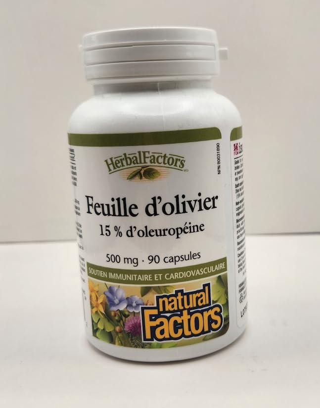 Natural Factors Olive Leaf bottle and capsules arranged for a daily wellness routine