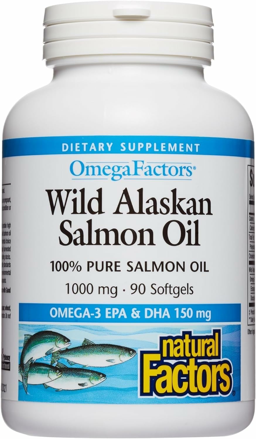 Natural Factors Omega Factors bottle front view highlighting omega-3 source for heart and brain support.