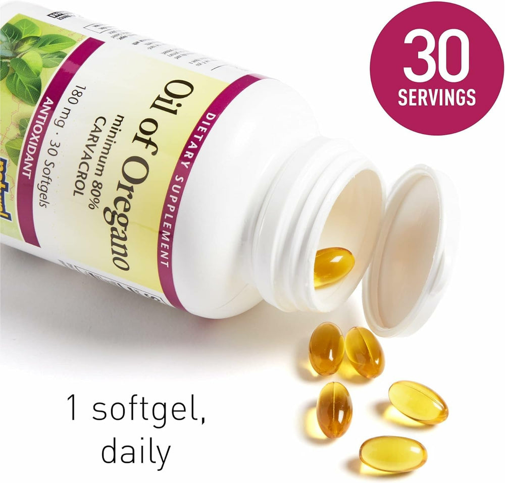 Natural Factors oregano leaves close-up highlighting potent oil source.