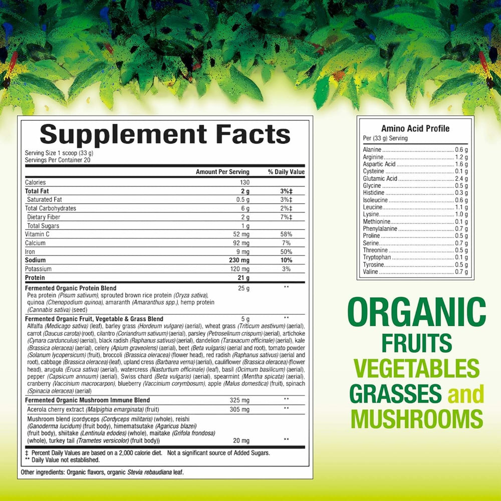 Natural Factors Organic Fermented Protein & Greens powder close-up emphasizes clean nutrition.