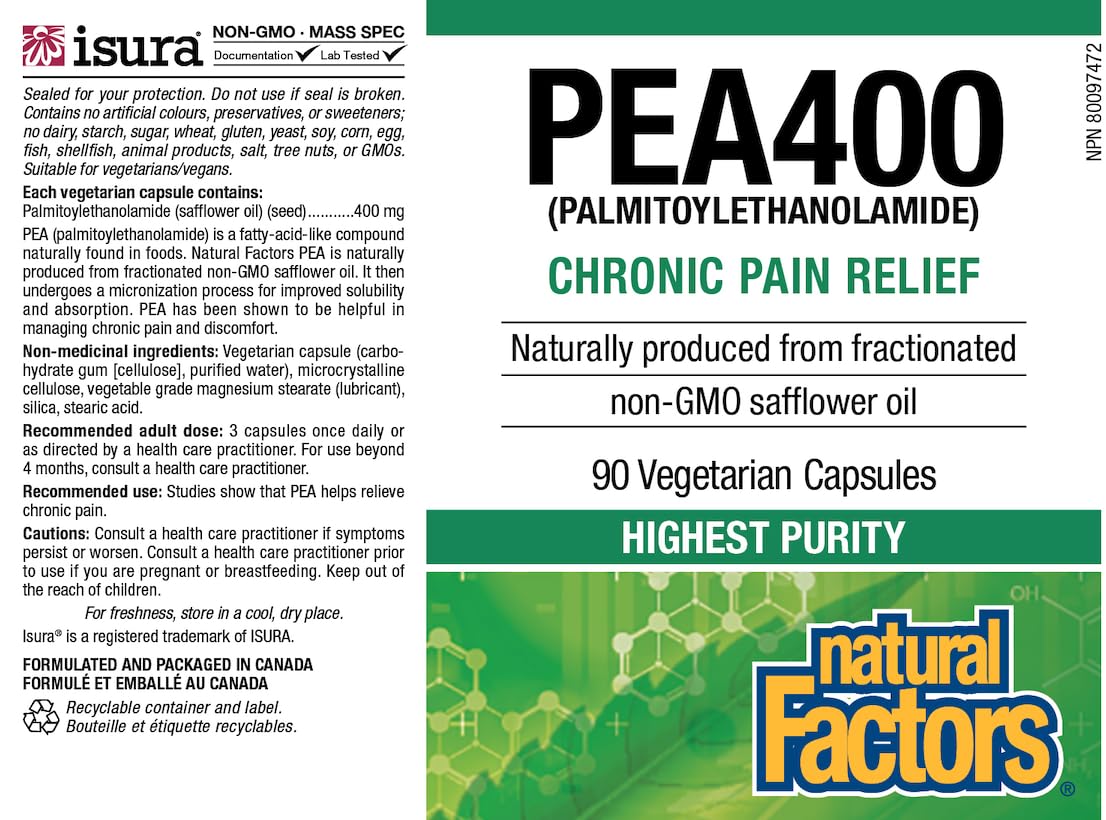 Natural Factors PEA400 bottle with non-GMO and contaminant testing seals