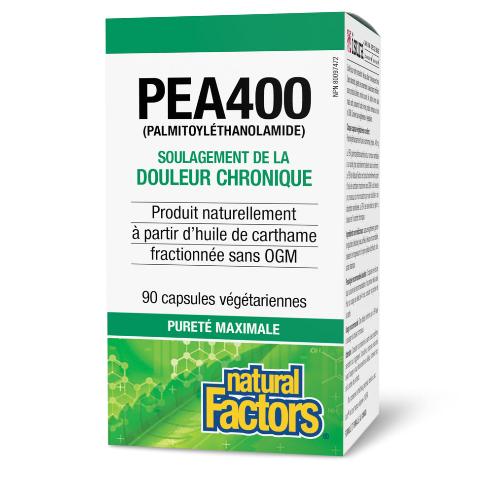 Natural Factors PEA400 bottle side panel with usage directions for daily balance
