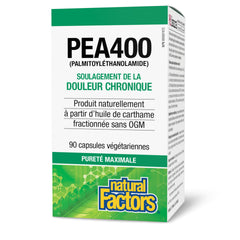 Natural Factors PEA400 bottle side panel with usage directions for daily balance