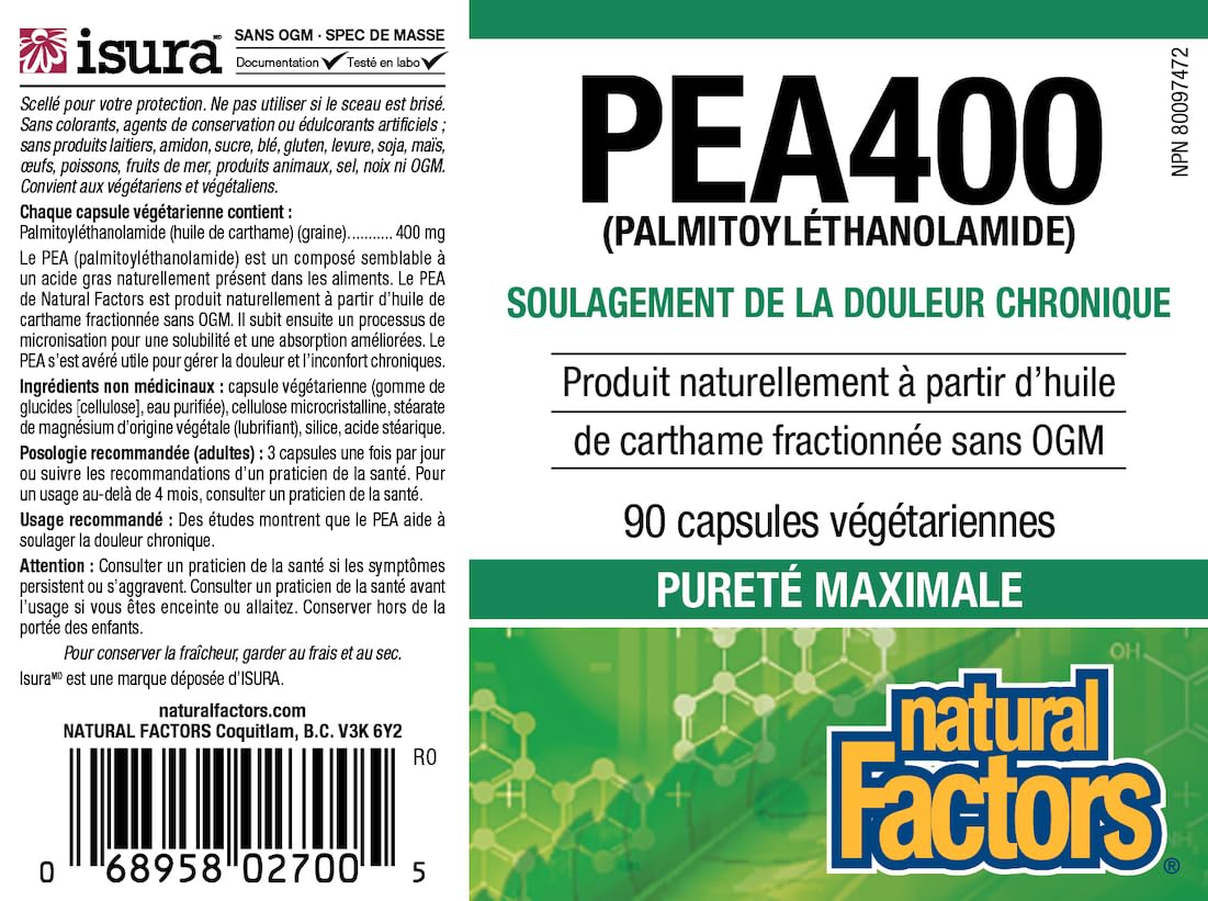 Natural Factors PEA400 capsules lined up to show 400 mg per dose