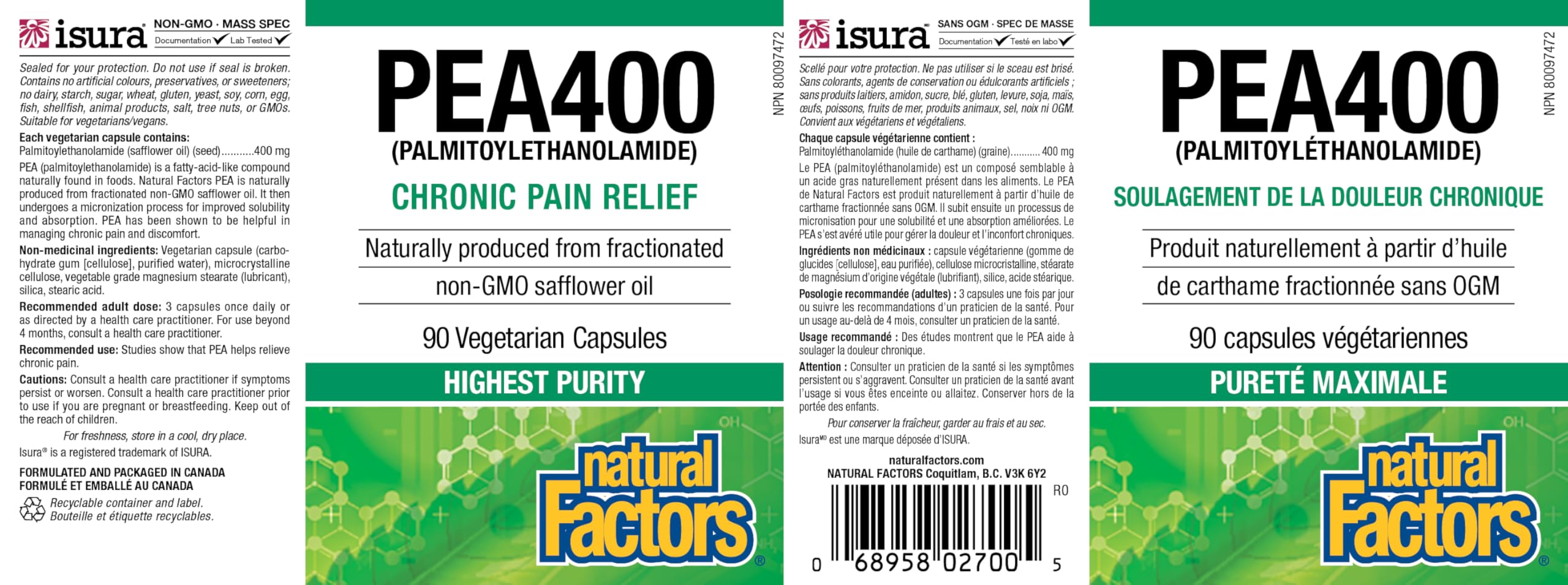 Natural Factors PEA400 label highlighting gluten-free, soy-free, and non-dairy features
