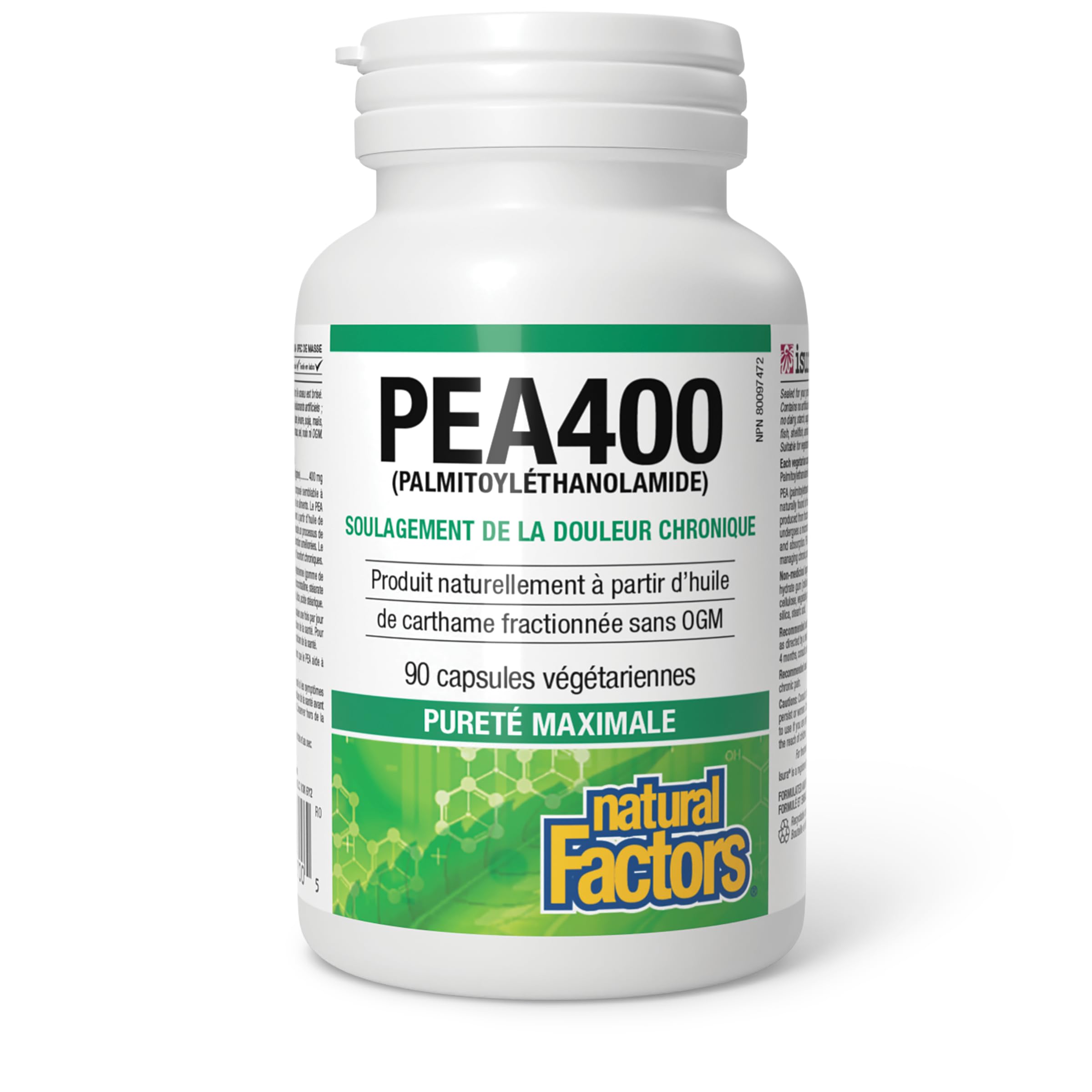 Natural Factors PEA400 packaging interior view illustrating purity and quality controls