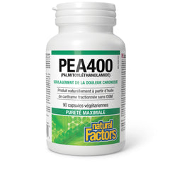 Natural Factors PEA400 packaging interior view illustrating purity and quality controls
