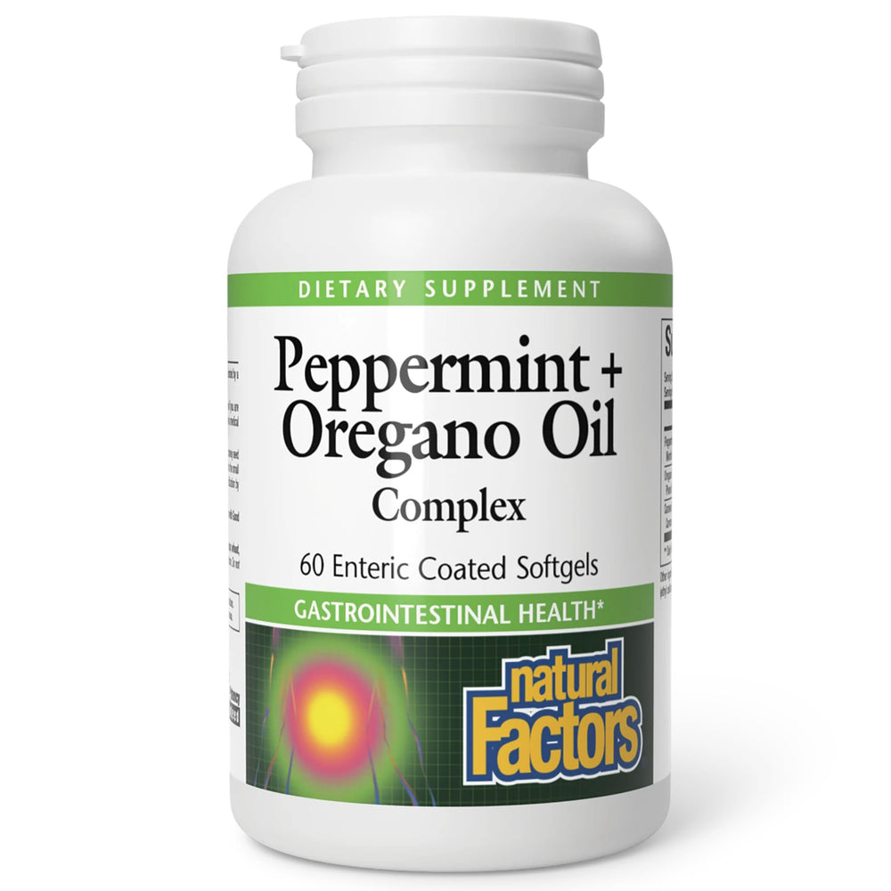 Natural Factors Peppermint & Oregano Oil Complex bottle for digestive support.