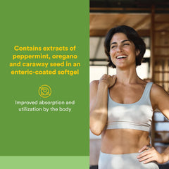 Natural Factors Peppermint & Oregano Oil Complex enteric-coated softgels close-up.