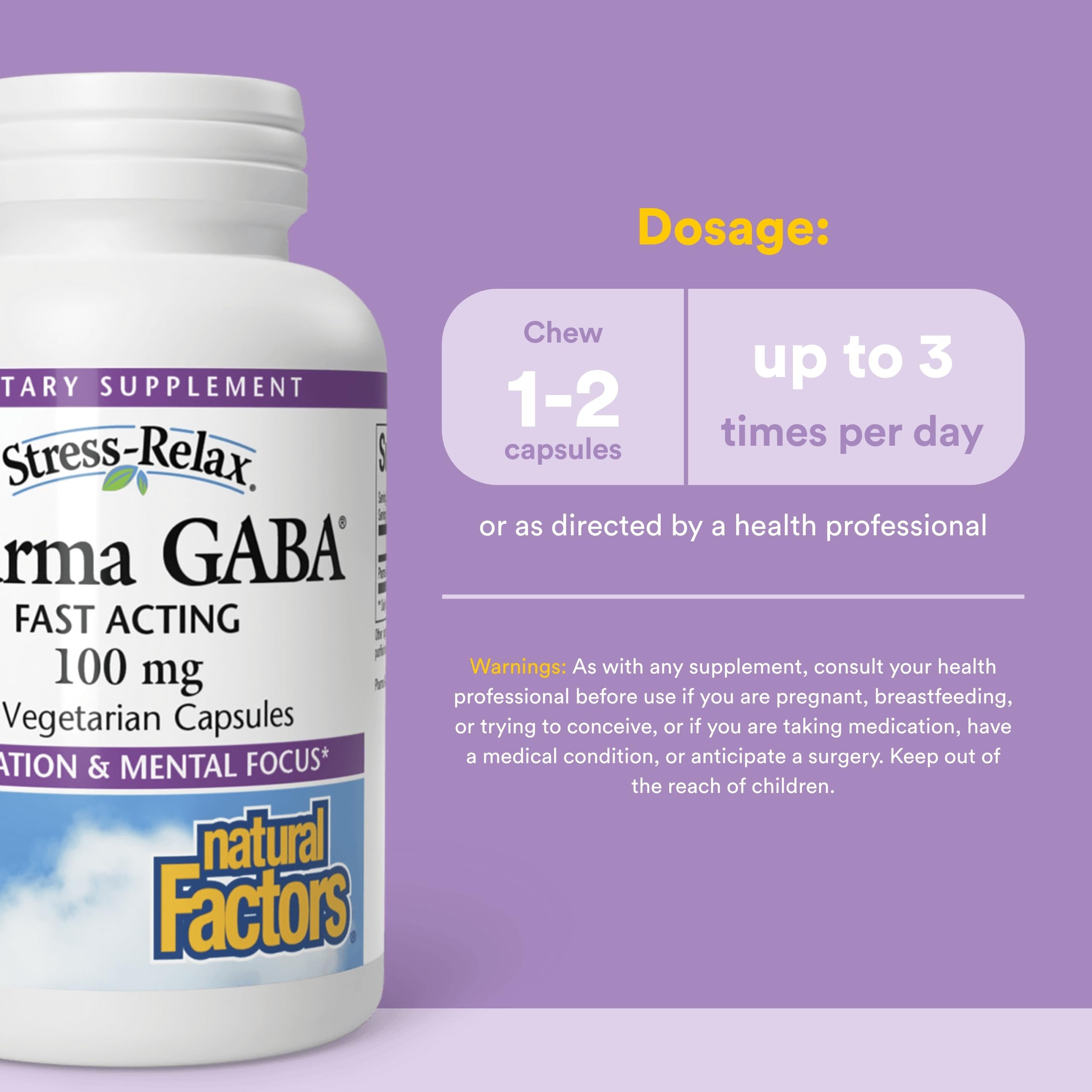 Front package of Natural Factors PharmaGABA emphasizing natural, allergen-free formula.