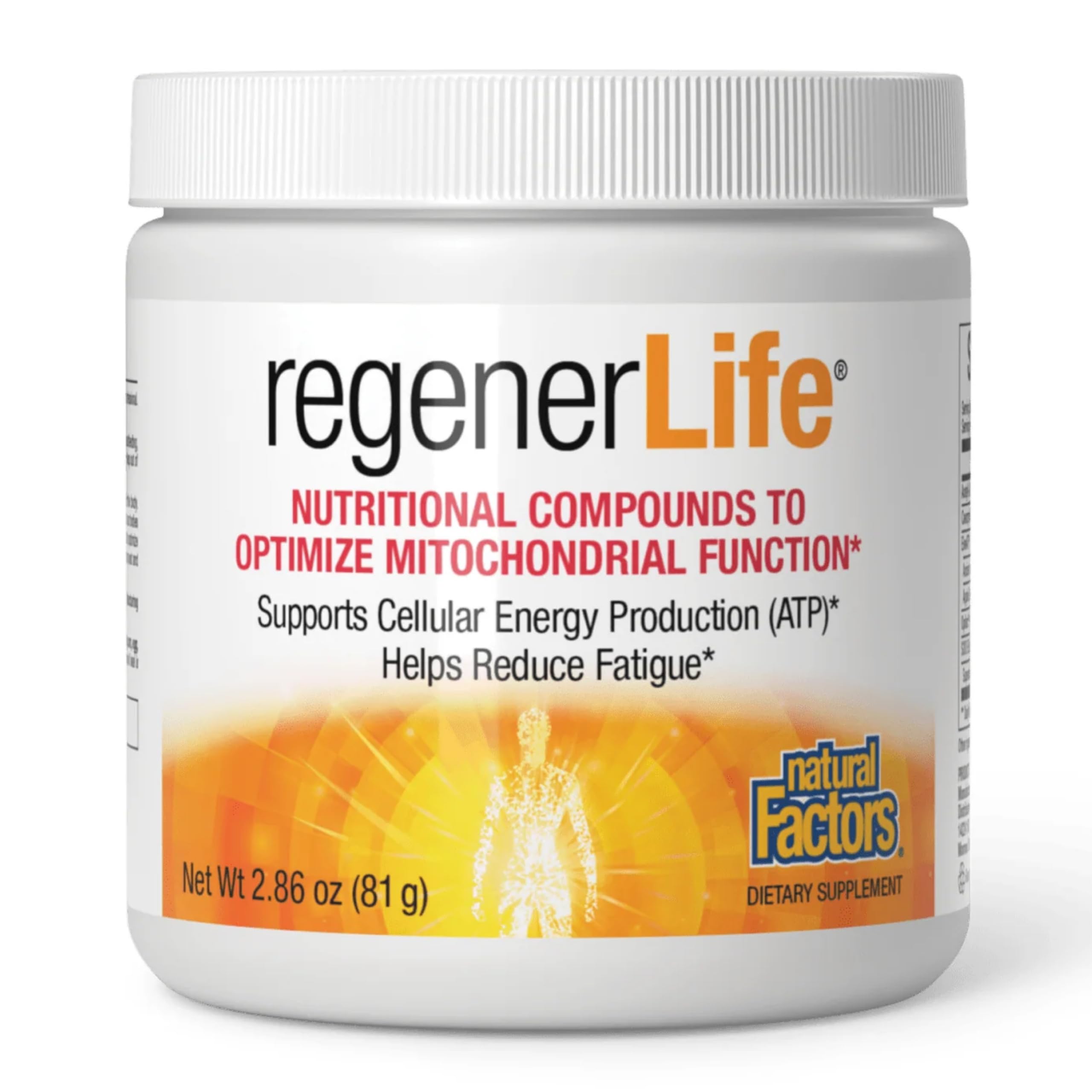 Natural Factors RegenerLife powder packaging shown for daily energy support.