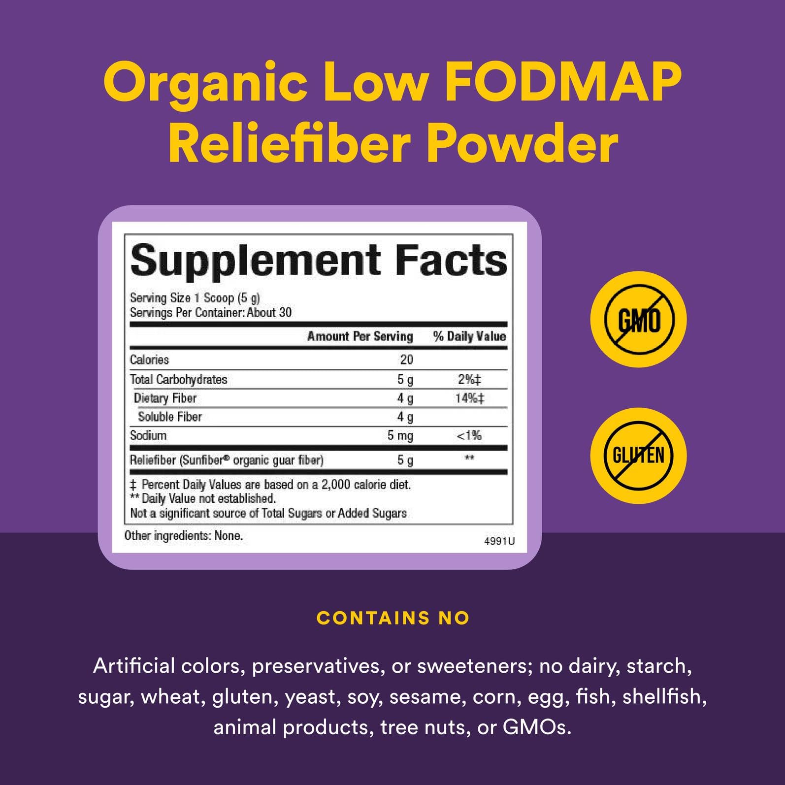 Unflavored Reliefiber label highlights organic Sunfiber content.