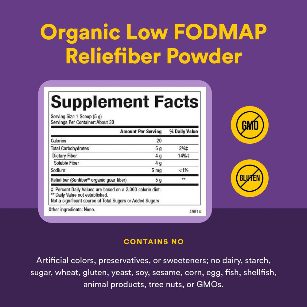 Unflavored Reliefiber label highlights organic Sunfiber content.