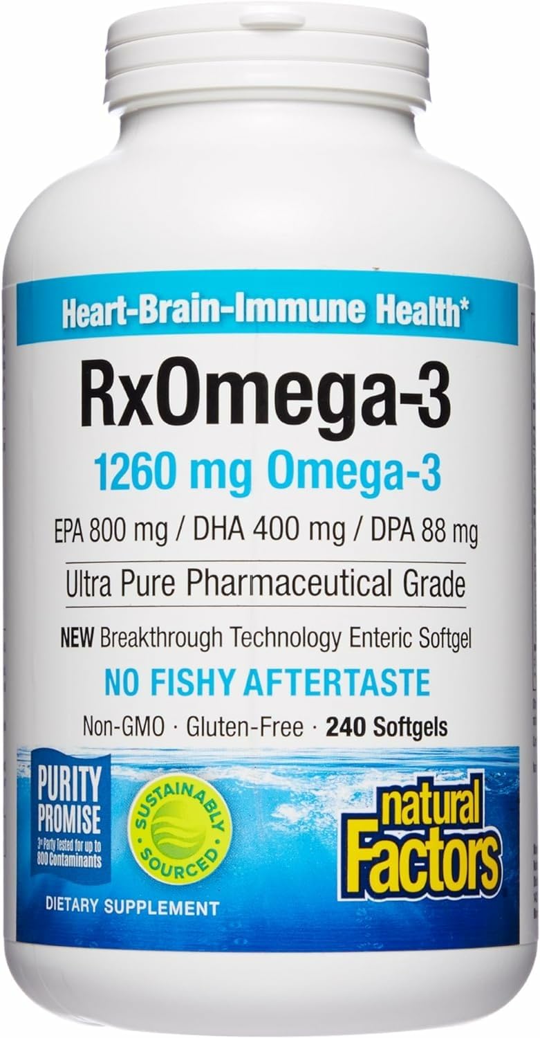 Natural Factors RxOmega-3 bottle front promoting heart, brain, and eye health.
