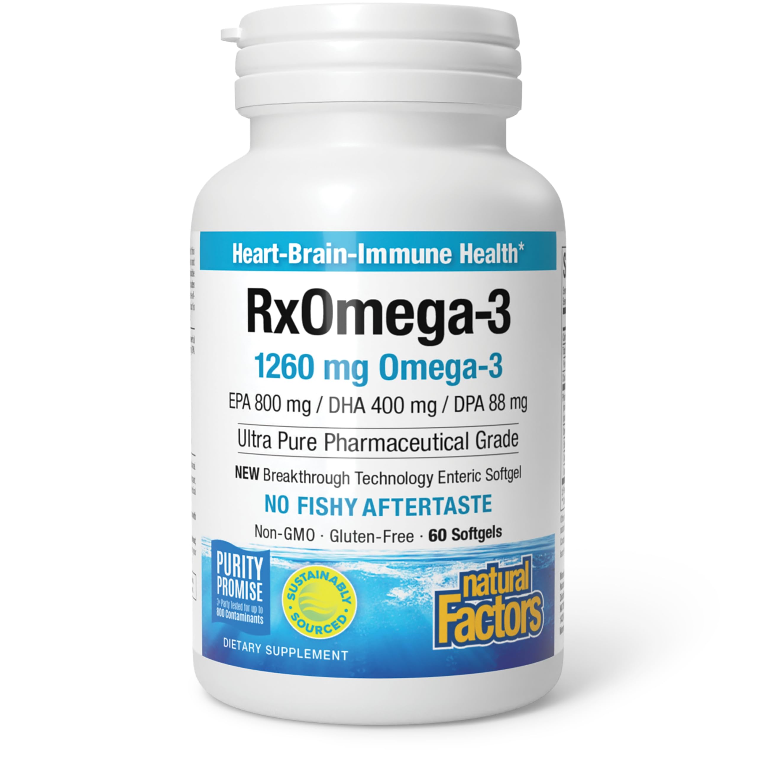 Natural Factors RxOmega-3 bottle showing purified fish oil for heart, brain, and eye support.