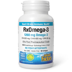 Natural Factors RxOmega-3 bottle showing purified fish oil for heart, brain, and eye support.