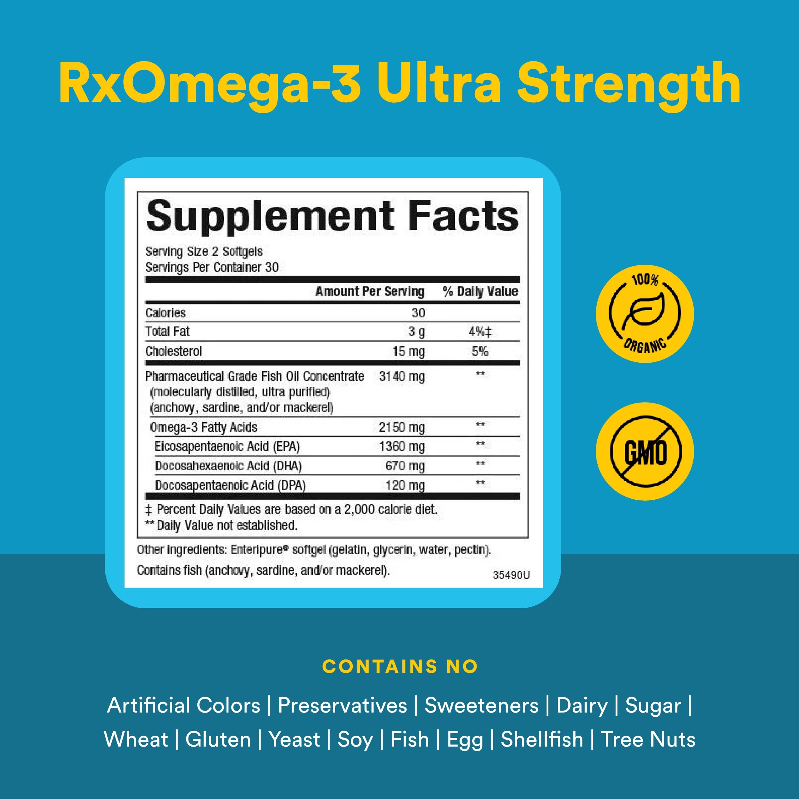 Back label detail of Natural Factors RxOmega-3 Ultra Strength showing allergen info