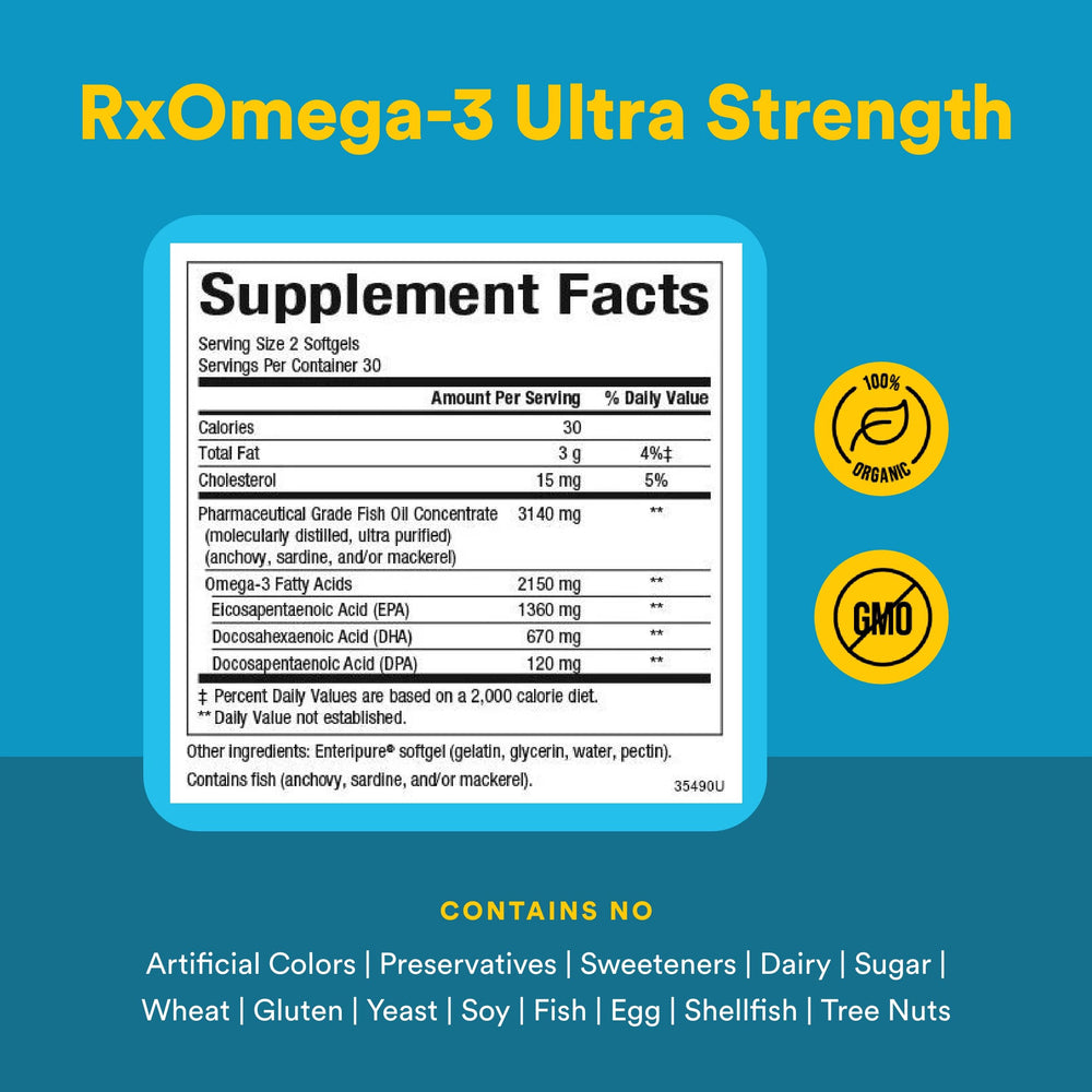 Back label detail of Natural Factors RxOmega-3 Ultra Strength showing allergen info
