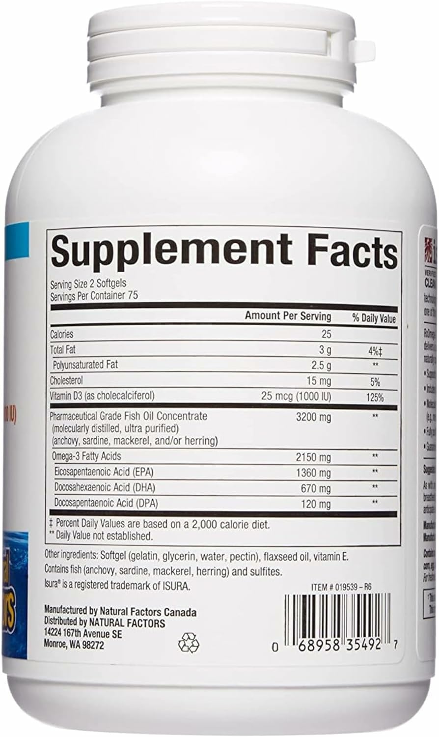 Close-up of Natural Factors RxOmega-3 softgels for daily use