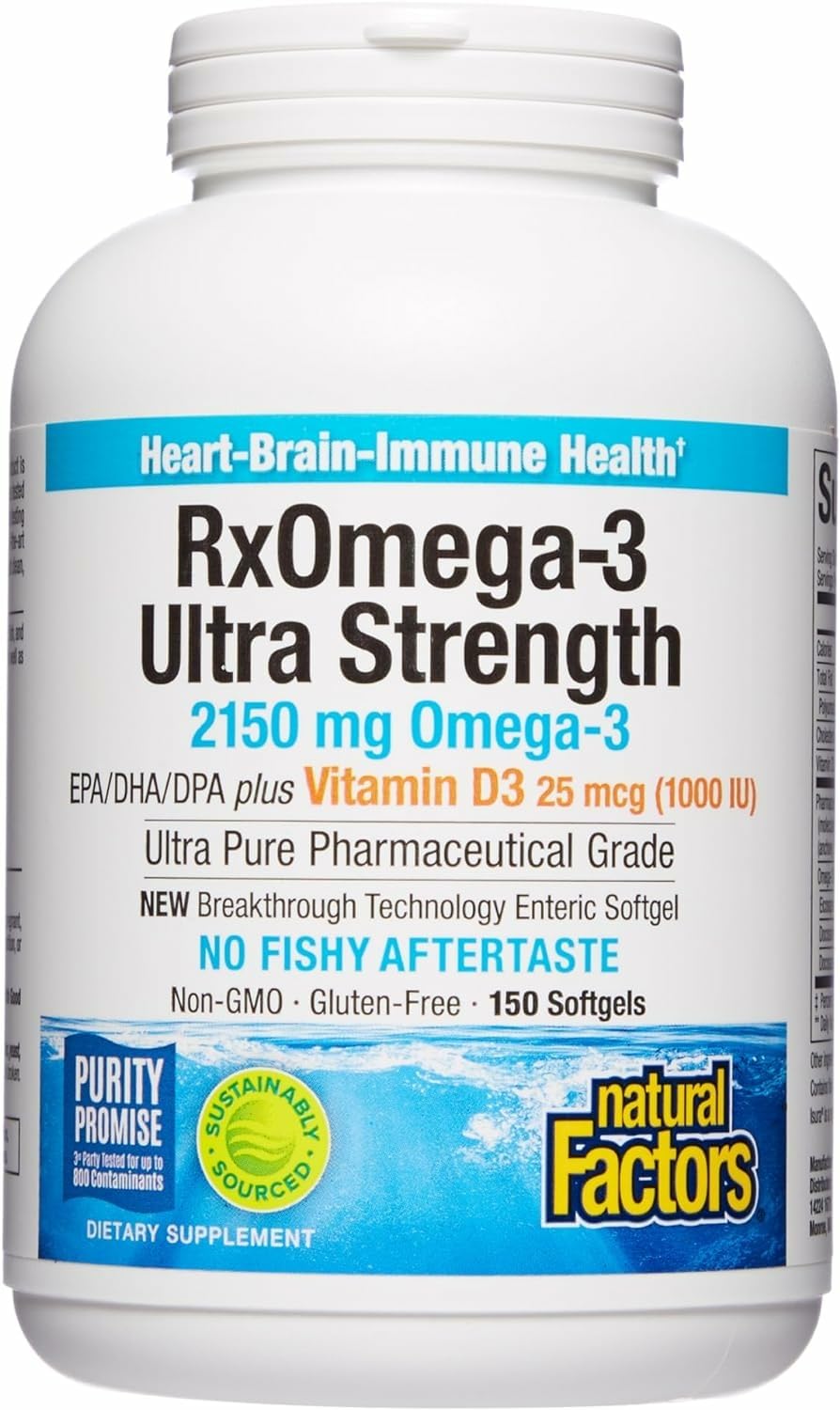 Natural Factors RxOmega-3 Ultra-Strength bottle with omega-3 label, supports brain and heart health