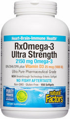 Natural Factors RxOmega-3 Ultra-Strength bottle with omega-3 label, supports brain and heart health