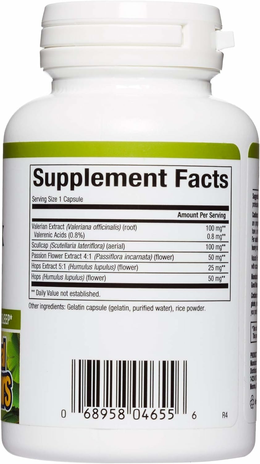 Natural Factors Sleep Relax label close-up highlights non-GMO, gluten-free, dairy-free formulation.