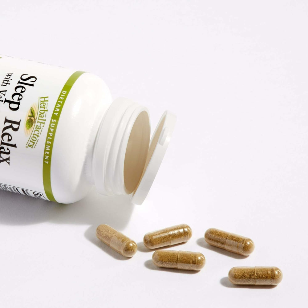 Natural Factors Sleep Relax with valerian root imagery signals calming herbal ingredients.