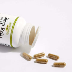 Natural Factors Sleep Relax with valerian root imagery signals calming herbal ingredients.