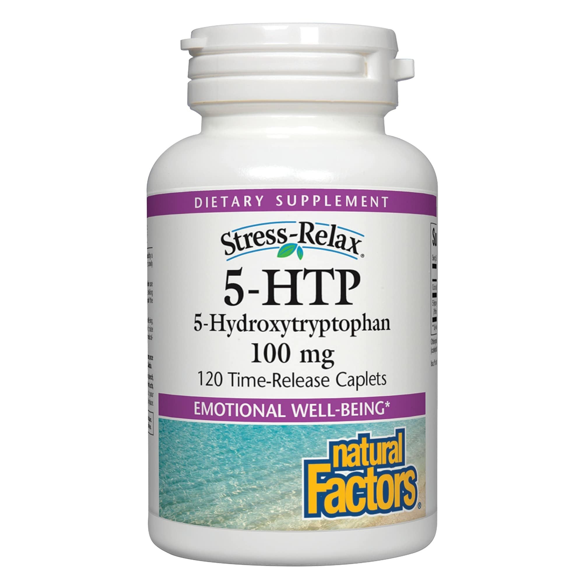 Natural Factors Stress-Relax 5-HTP bottle shows daily calm and rest benefits.