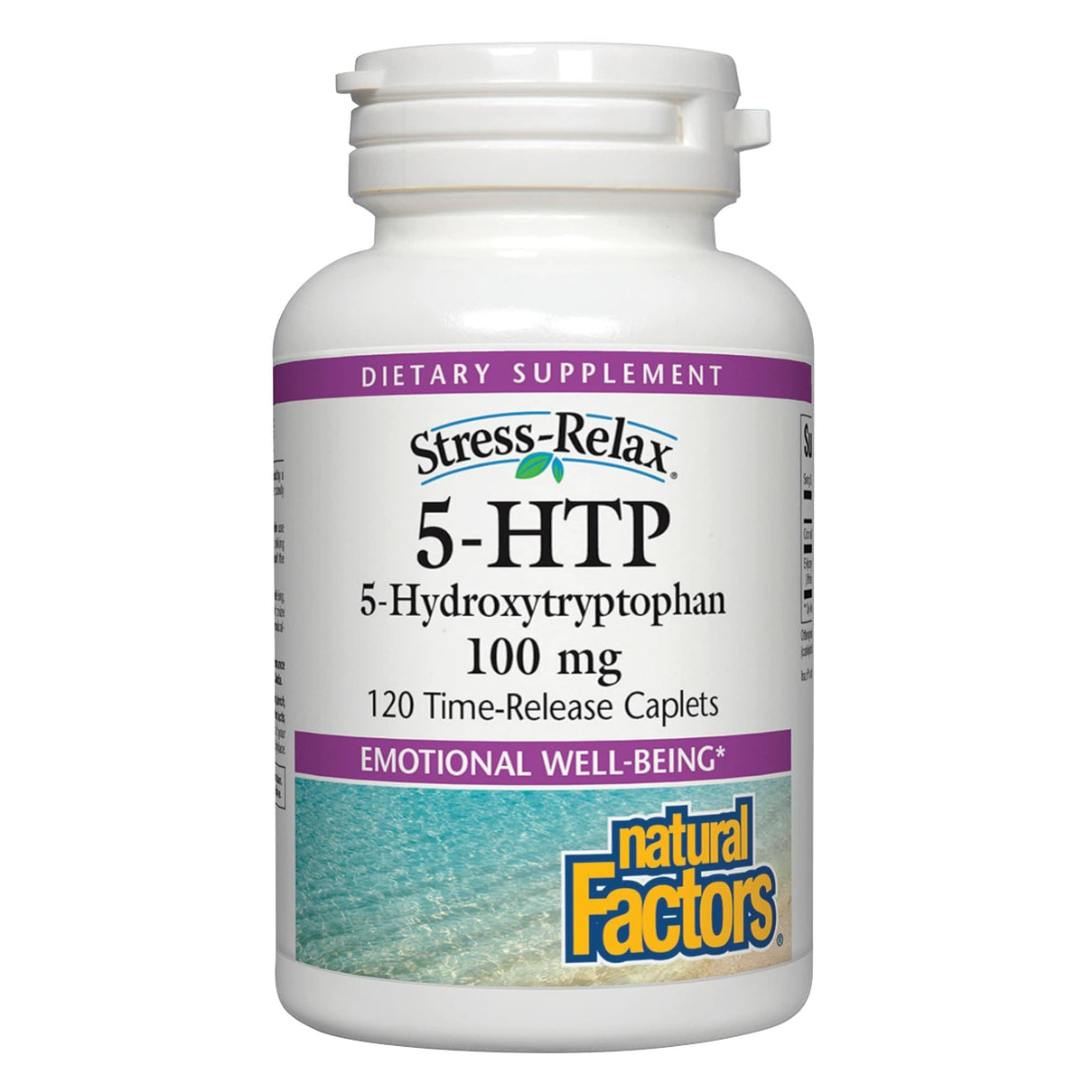 Natural Factors Stress-Relax 5-HTP bottle shows daily calm and rest benefits.