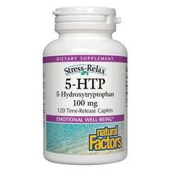 Natural Factors Stress-Relax 5-HTP bottle shows daily calm and rest benefits.