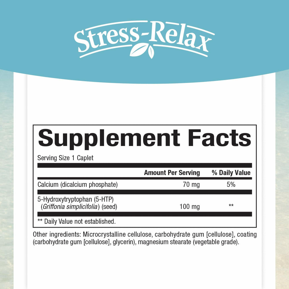 Close-up of Natural Factors Stress-Relax 5-HTP capsules highlights caplets for absorption.