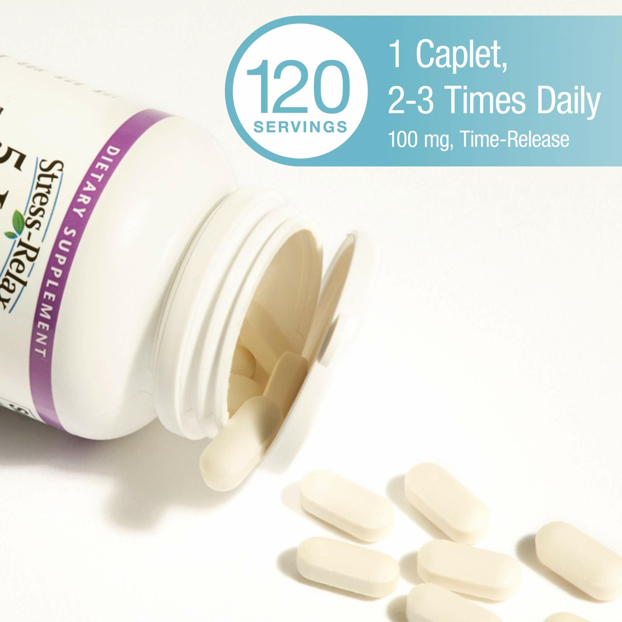 Label close-up on Natural Factors Stress-Relax 5-HTP emphasizes quality and purity.