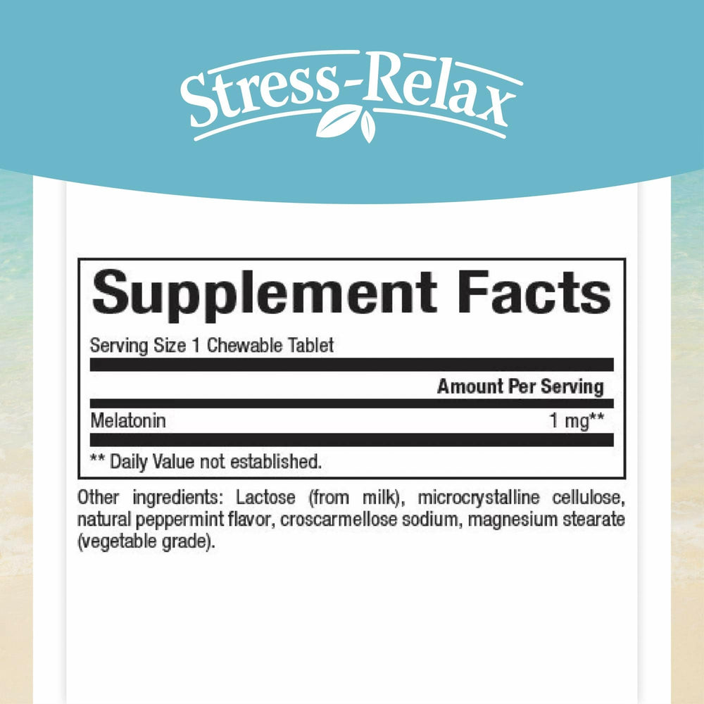 Front view of Natural Factors Stress-Relax Melatonin bottle label showing 1 mg dosage