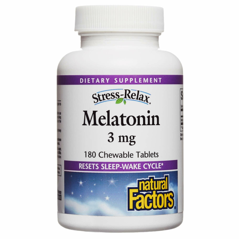 Natural Factors Stress-Relax Melatonin 3 mg bottle with pour for easy nightly use