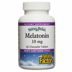Natural Factors Stress-Relax Melatonin bottle on nightstand promotes calm wind-down.