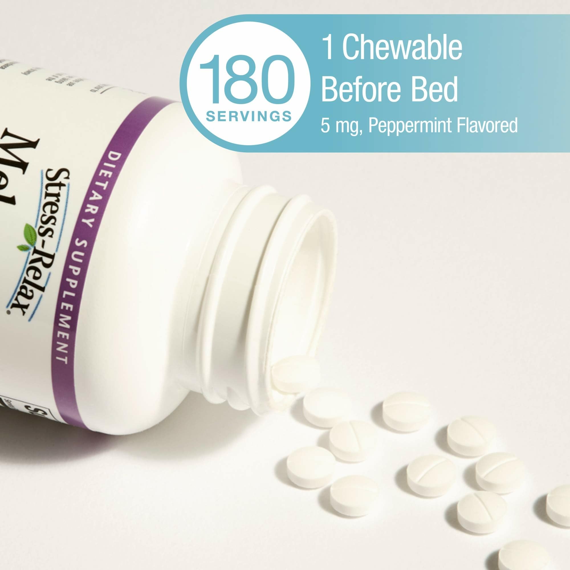 Stress-Relax melatonin chews beside water for nightly routine.