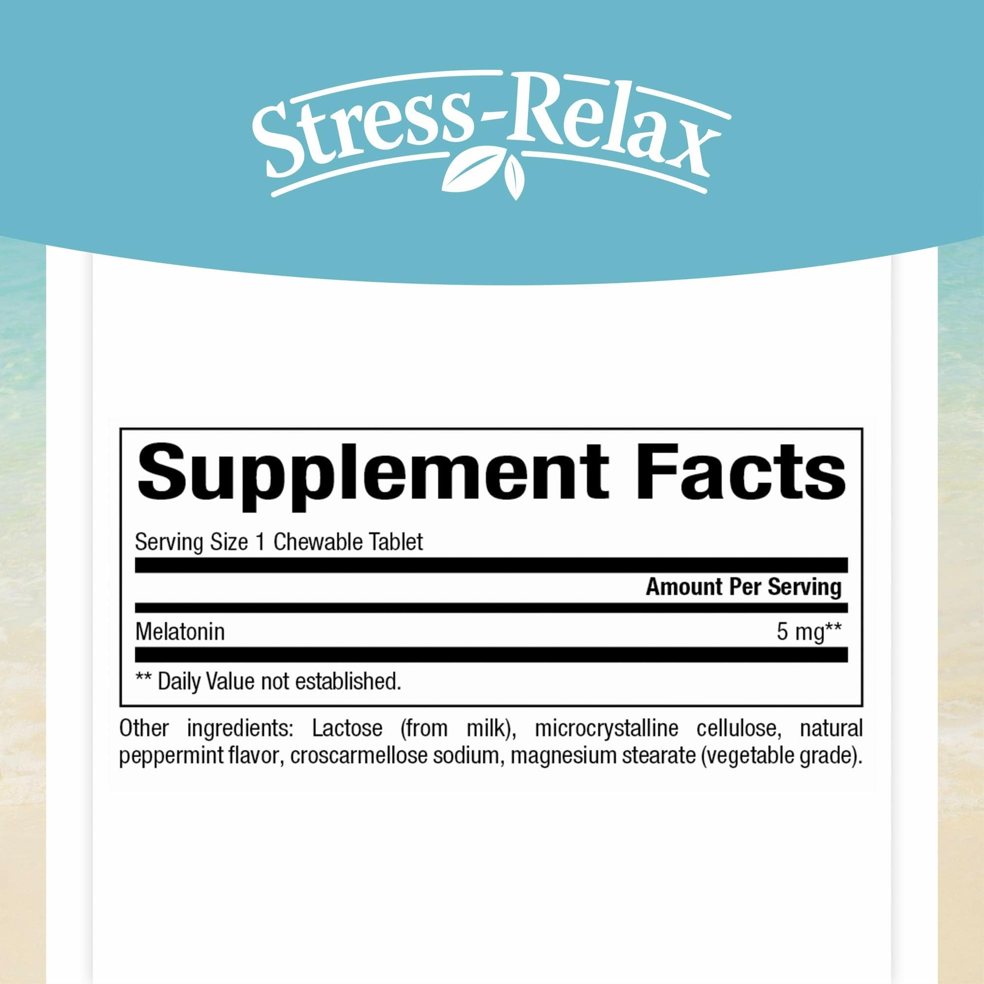 Close-up of Stress-Relax Melatonin tablets showing texture.
