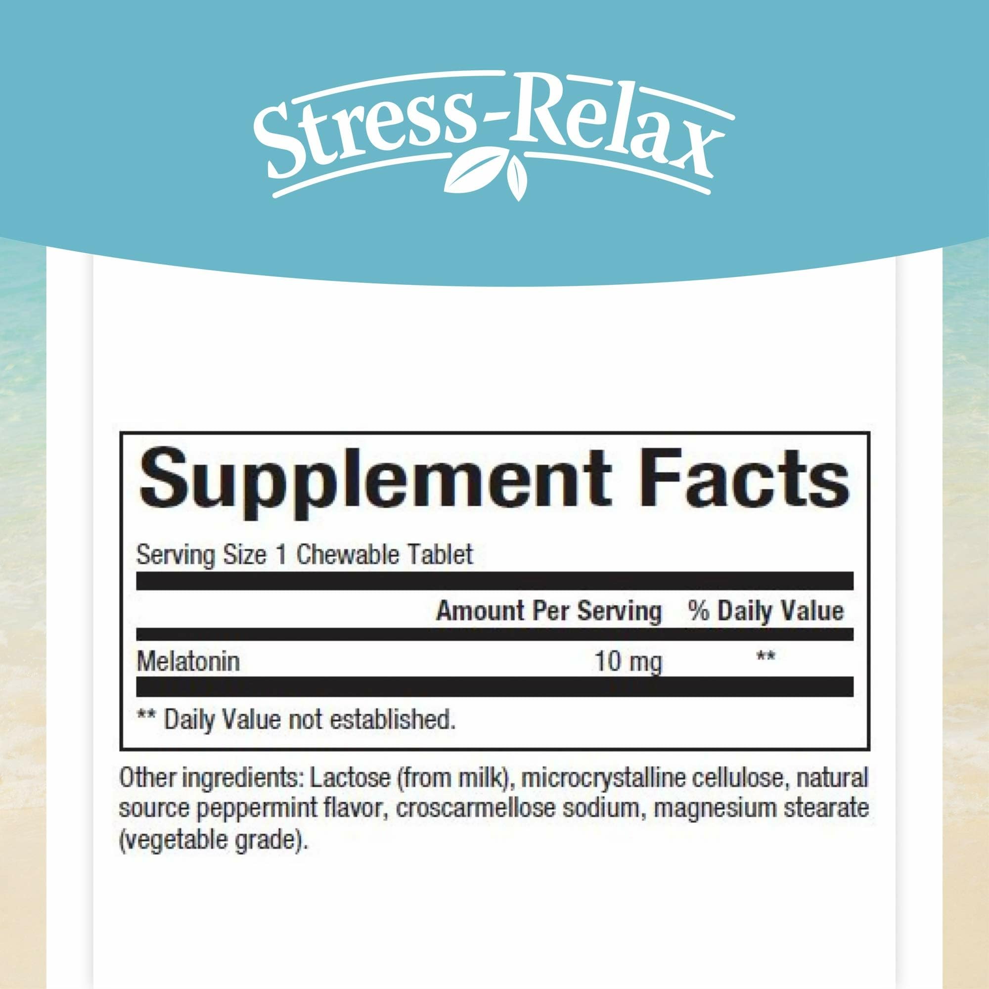 Close-up of Stress-Relax Melatonin tablets highlighting peppermint chewables.