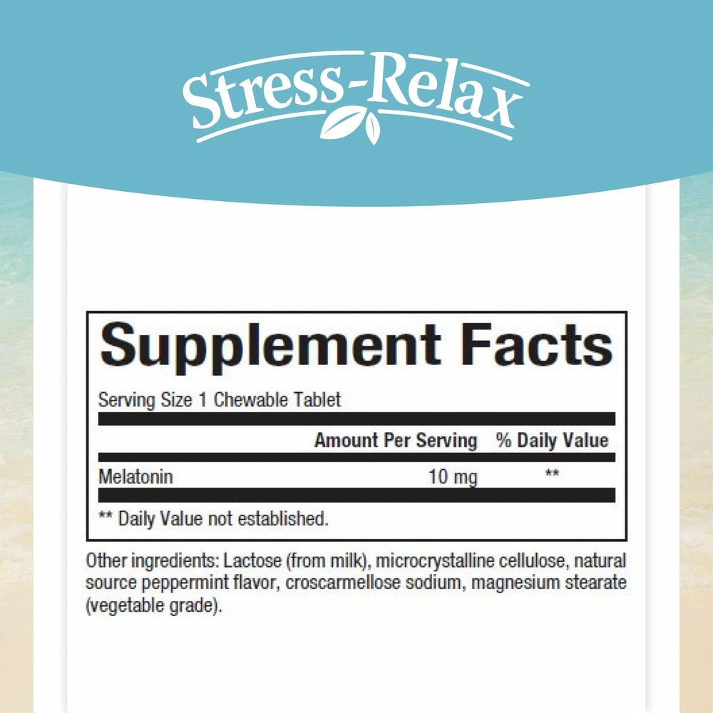 Close-up of Stress-Relax Melatonin tablets highlighting peppermint chewables.