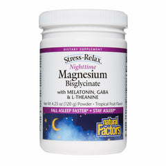 Natural Factors Stress-Relax Nighttime Magnesium Bisglycinate bottle pour highlights tropical flavor for bedtime use.