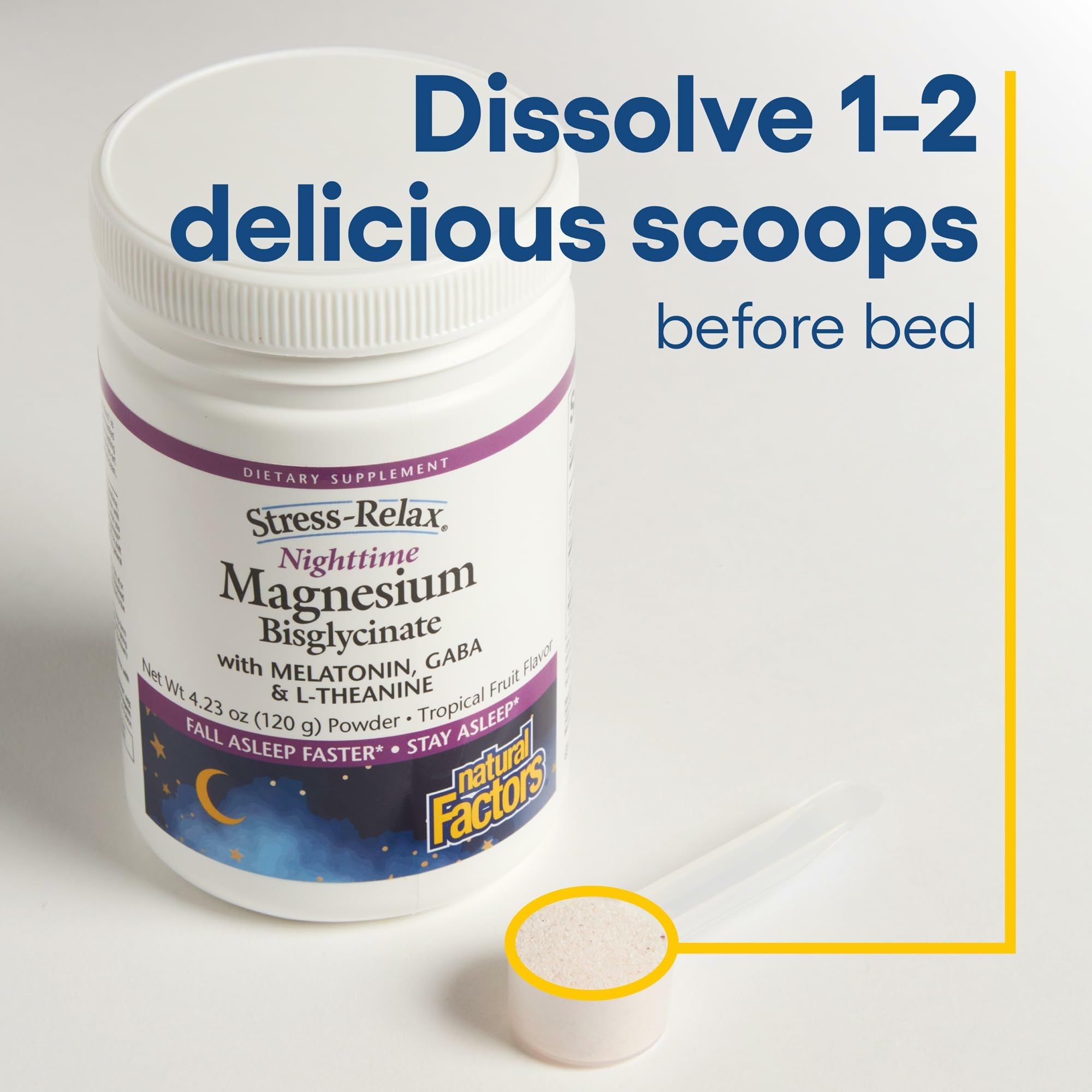 Natural Factors Stress-Relax Bisglycinate tropical water stir suggests easy bedtime mix.
