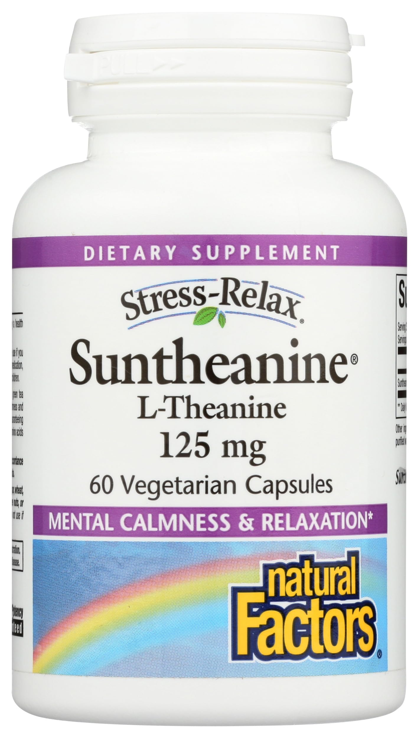 Natural Factors Stress-Relax Suntheanine bottle front for calm focus.