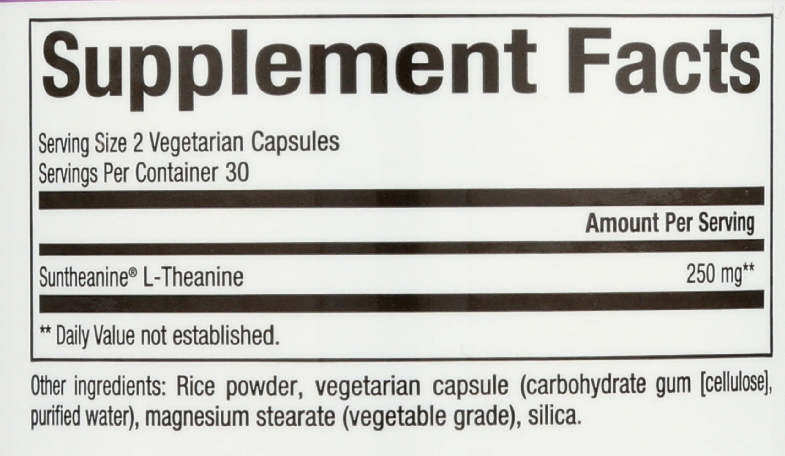 Natural Factors Stress-Relax Suntheanine bottle top signaling safety and quality.