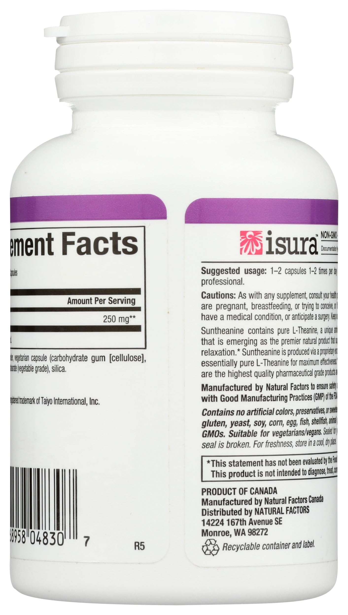 Natural Factors Stress-Relax Suntheanine capsules close-up showing non-drowsy formula.