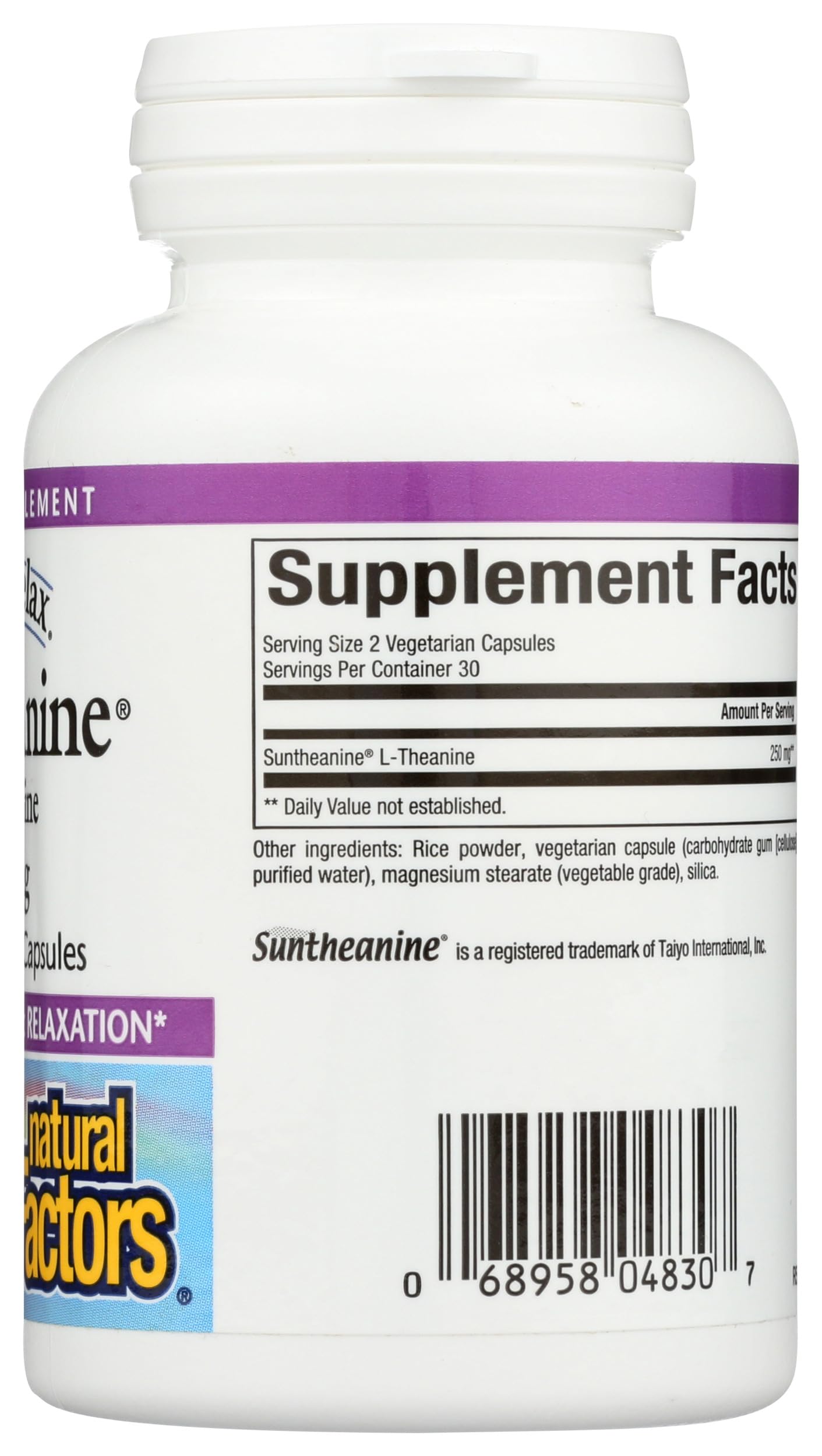 Natural Factors Stress-Relax Suntheanine label notes vegan non-GMO ingredients.