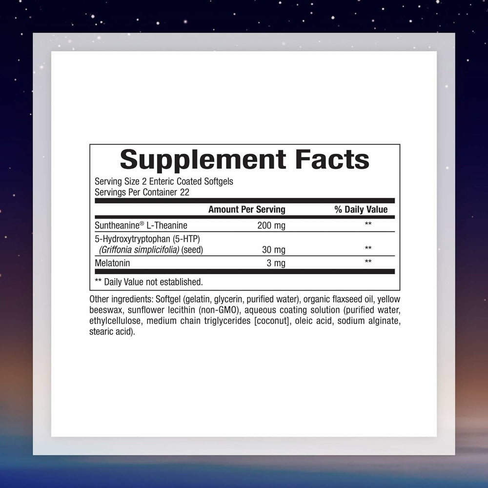 Close-up of Natural Factors Stress-Relax tranquil sleep softgels, non-habit-forming cue