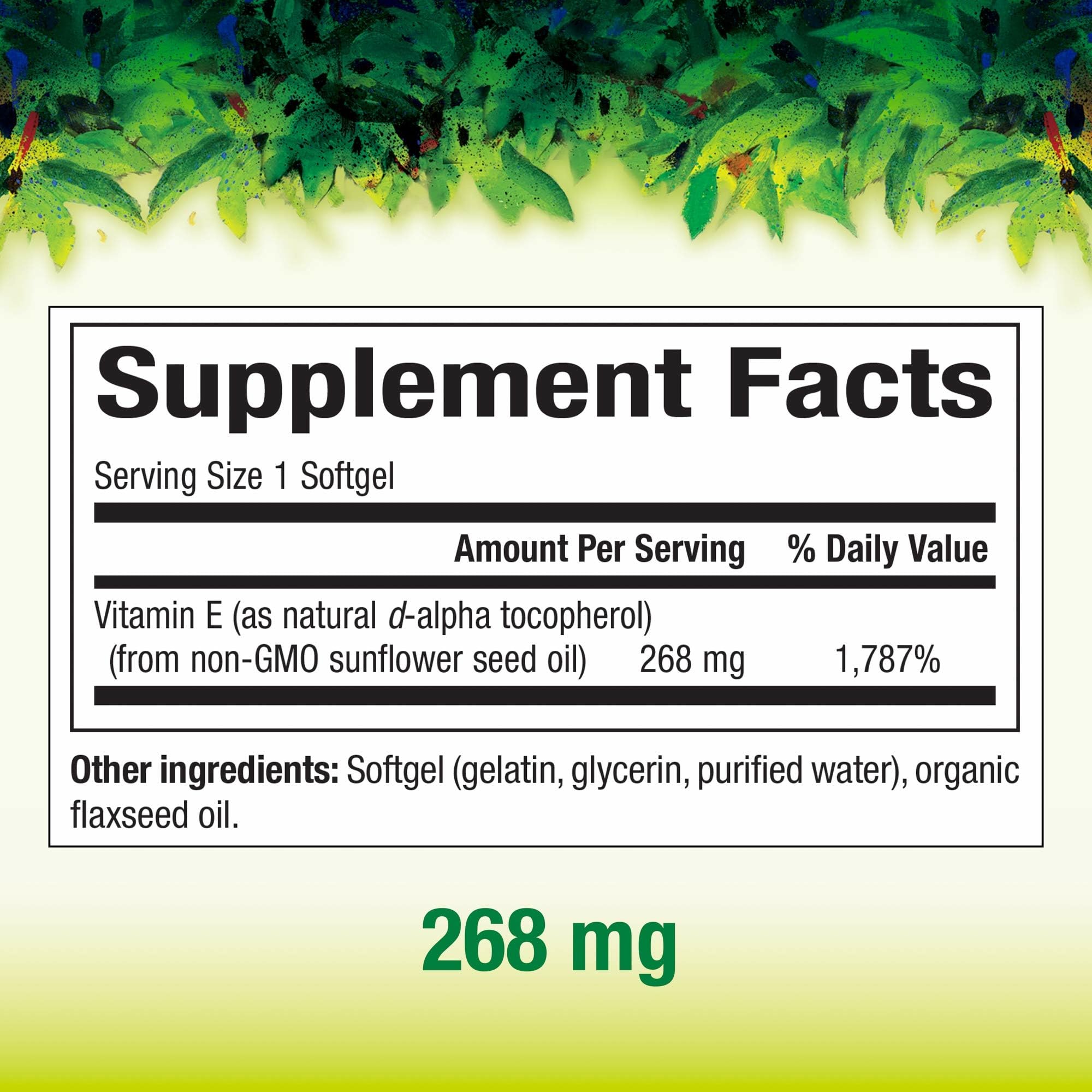 Natural Factors Sunflower Vitamin E softgel label closeup, possible heart and immune support.