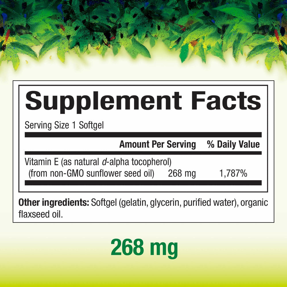 Natural Factors Sunflower Vitamin E softgel label closeup, possible heart and immune support.