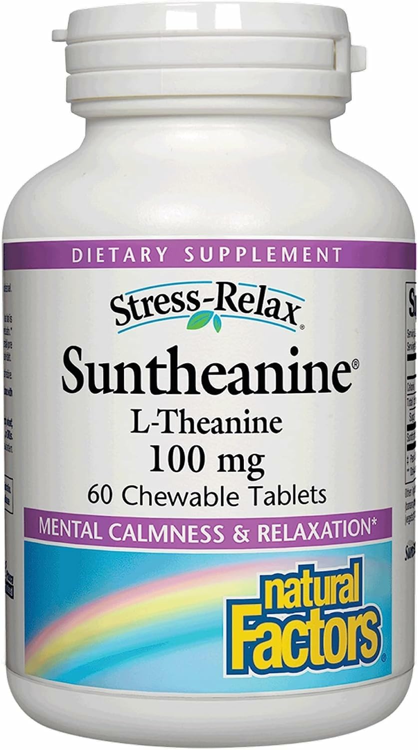 Natural Factors Suntheanine 100 mg bottle promotes calm focus during the day.